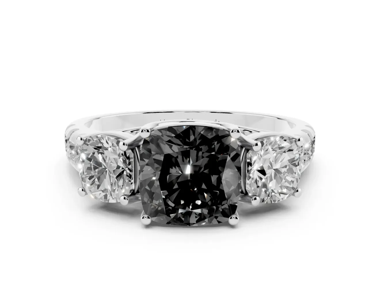 Fancy Black Cushion Cut Diamond Three-Stone Ring Set in Platinum with Pavé Band