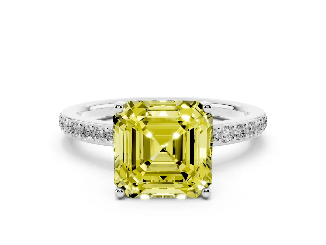 Fancy Yellow Asscher Cut Diamond Pavé Band Ring Set in Platinum with Prong-Set Center Stone