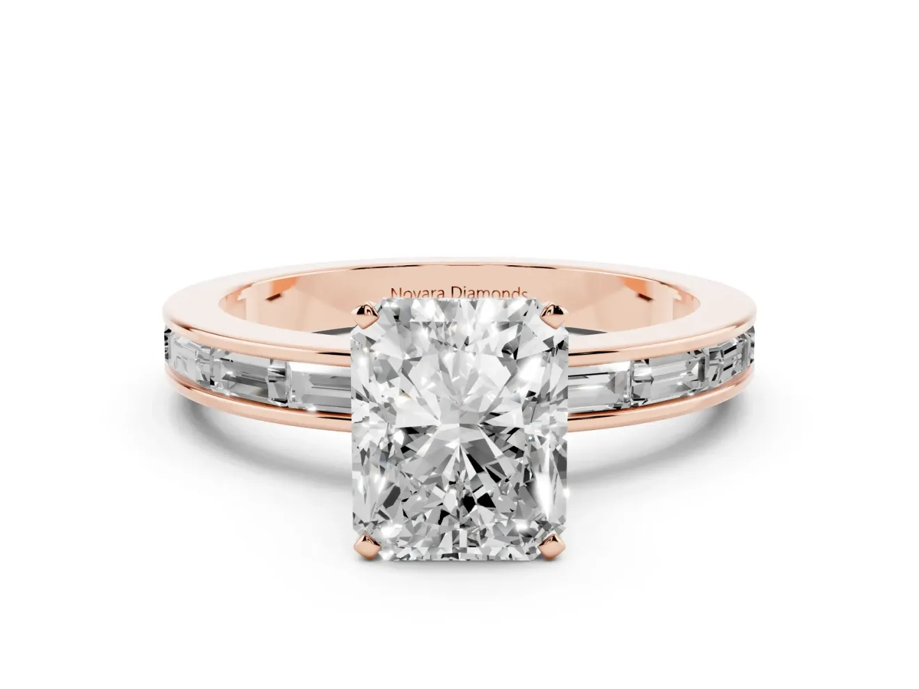 Radiant Cut Channel Set Engagement Ring Setting | Baguette Side Stones | Rose Gold