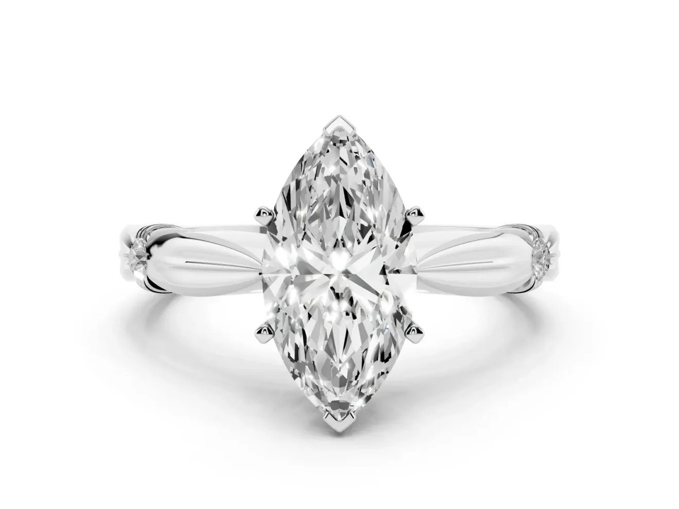 Marquise Cut Diamond Solitaire Twisted Band Ring Set in White gold with Accent Stones and Prong Setting