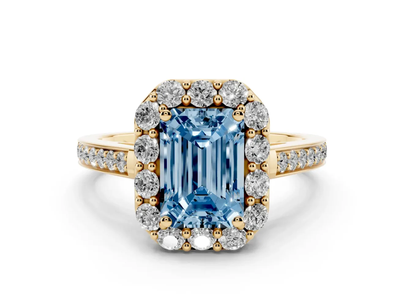 Fancy Blue Emerald Cut Diamond Floral Halo Ring Set in Yellow gold with Pavé Band and Prong Setting