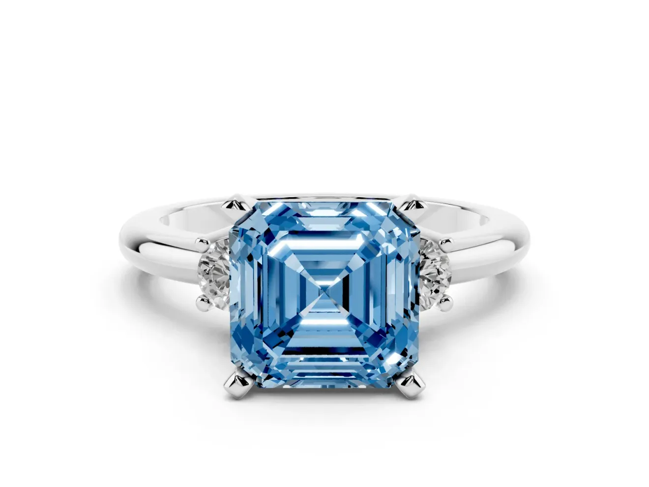 Fancy Blue Three-Stone Asscher Cut Diamond Ring Set in Platinum with Prong Setting and Plain Band