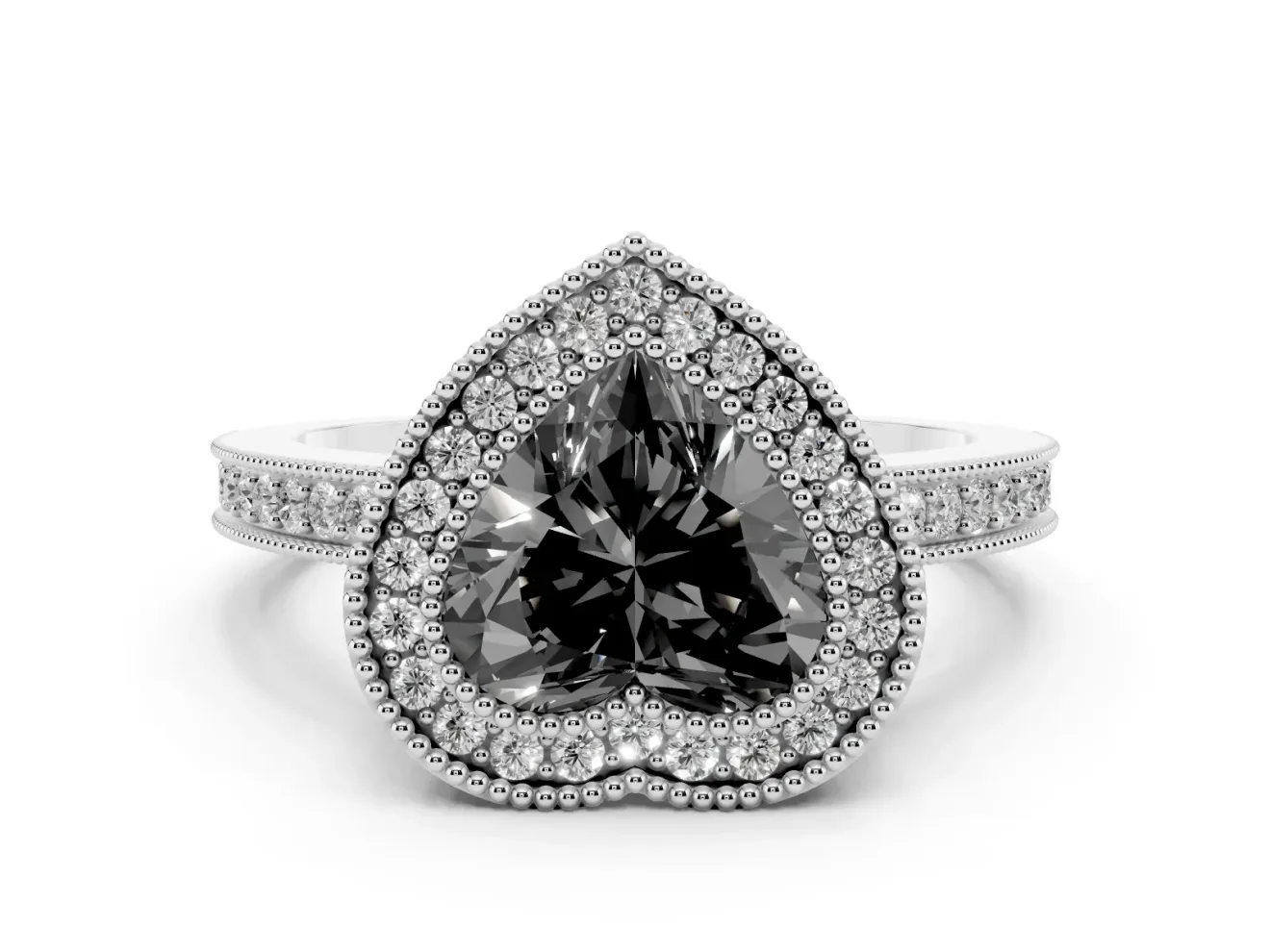 Fancy Black Heart Cut Diamond Round Halo Ring Set in Silver with Pavé Band