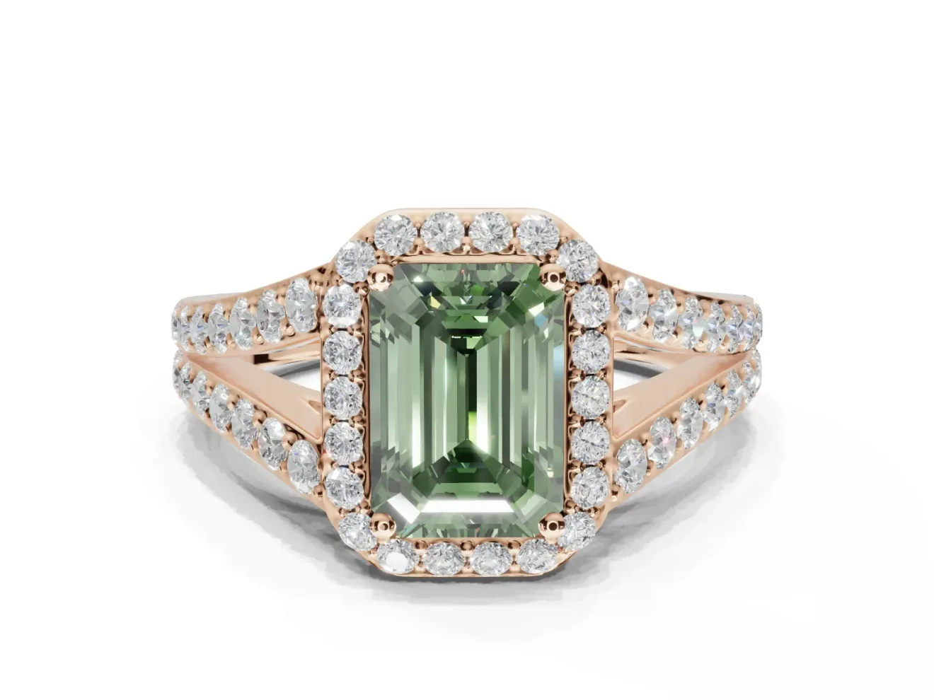Emerald Cut Halo Pavé Engagement Ring Setting for a Fancy Green Lab-Grown Diamond | Narrow Split Shank | Rose Gold