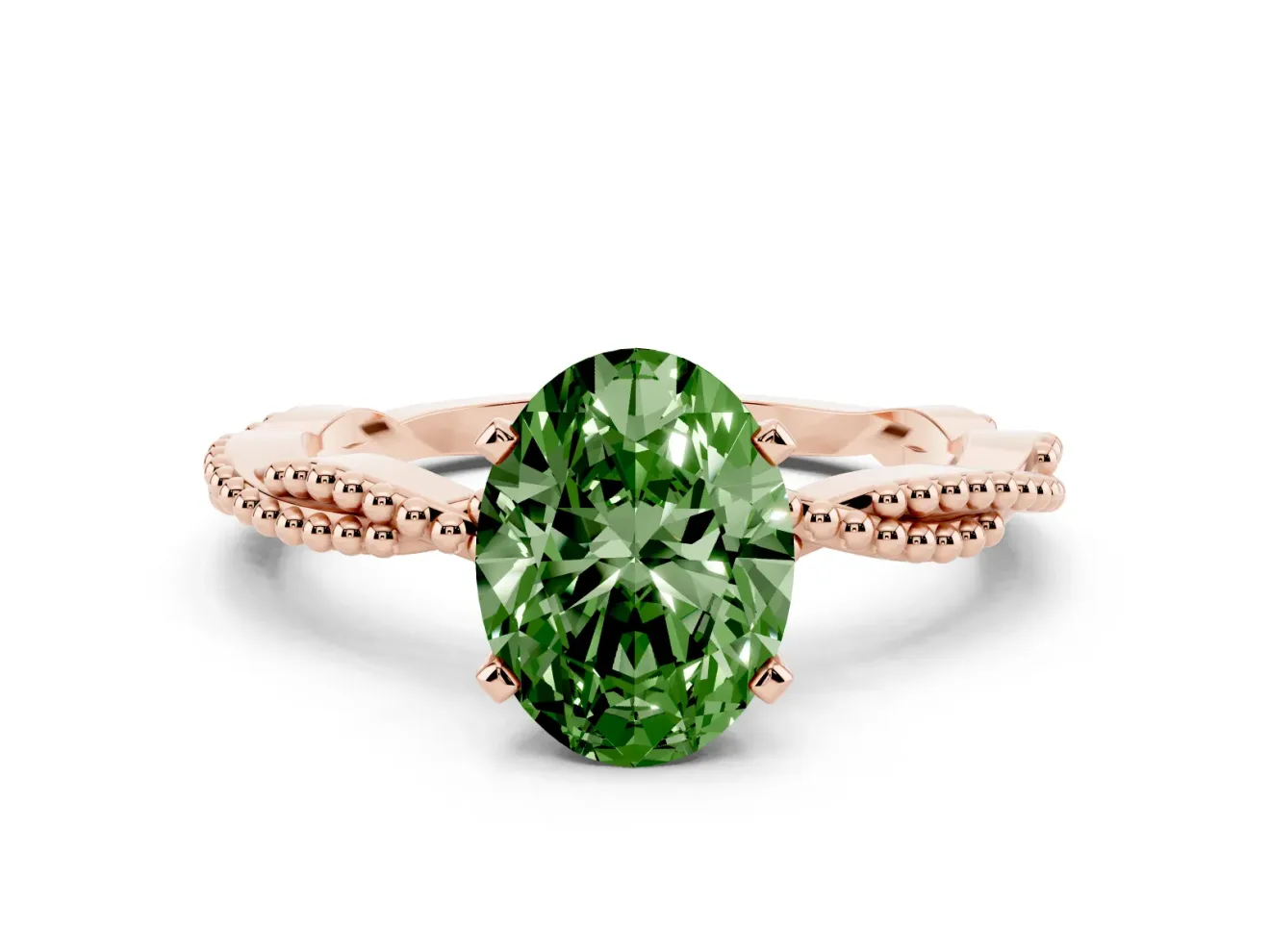 Fancy Green Oval Cut Diamond Solitaire Ring Set in Rose gold with Twisted Band and Bead Prong Setting