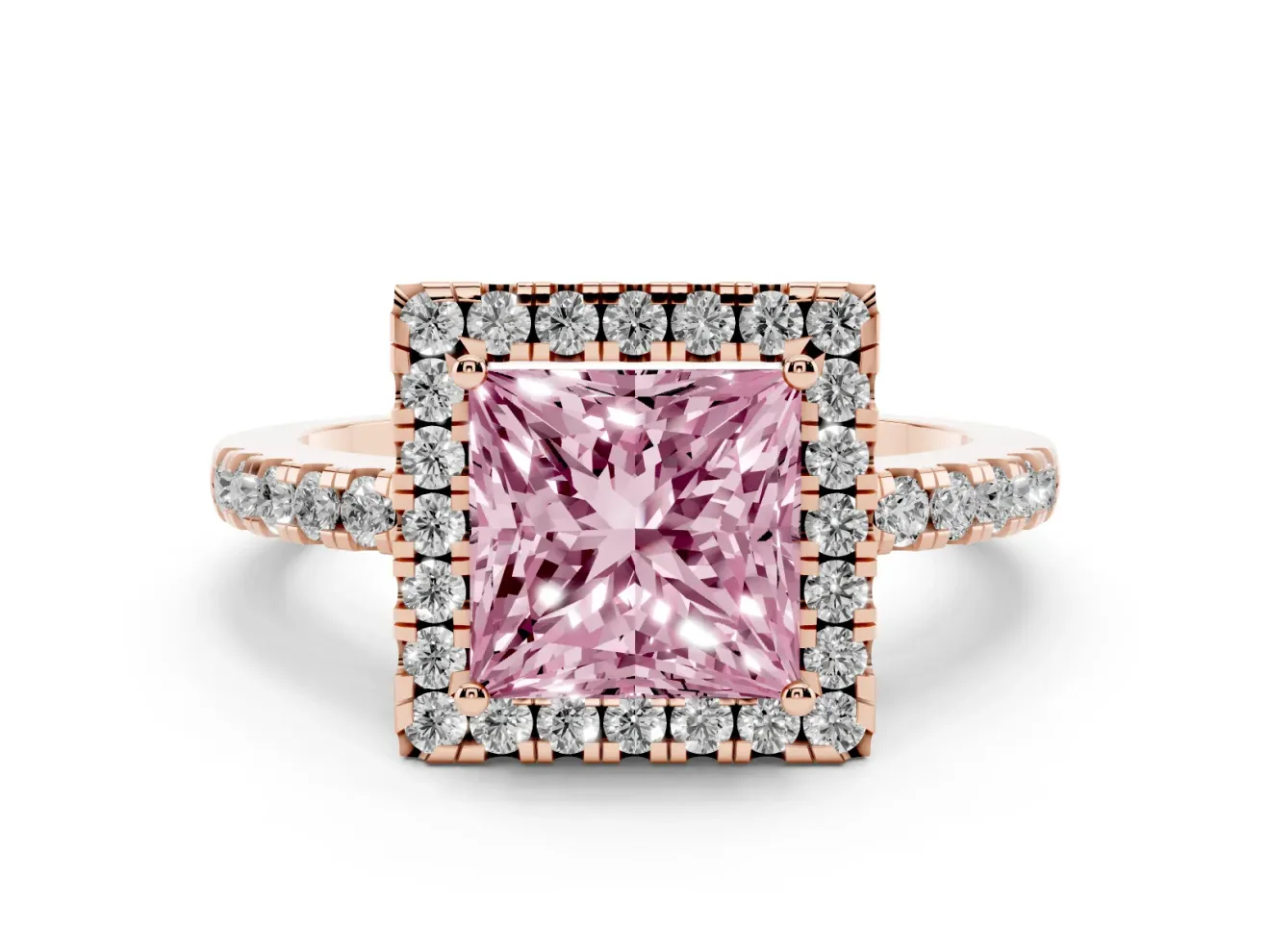 Princess Cut Halo Engagement Ring Setting for a Fancy Pink Lab-Grown Diamond | Pavé Band | Rose Gold