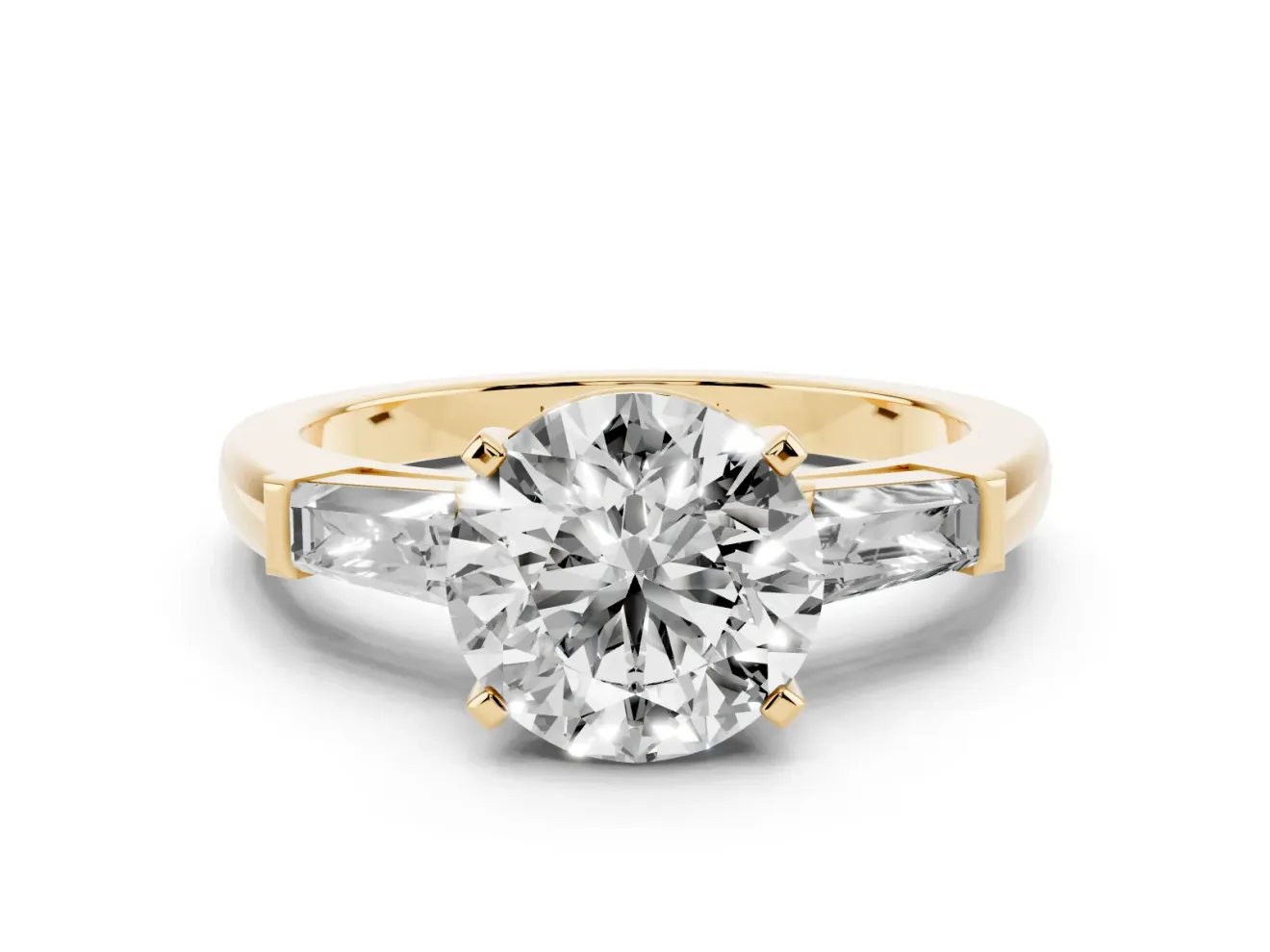 Round Cut Diamond Solitaire Ring Set in Yellow gold with Tapered Baguette Side Stones and Prong Setting