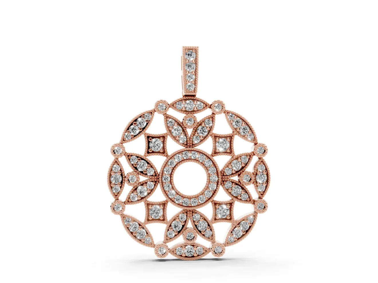 Round Lab-Grown Diamond Graduated Filigree Disc Pendant Necklace | Milgrain Edges | Rose Gold