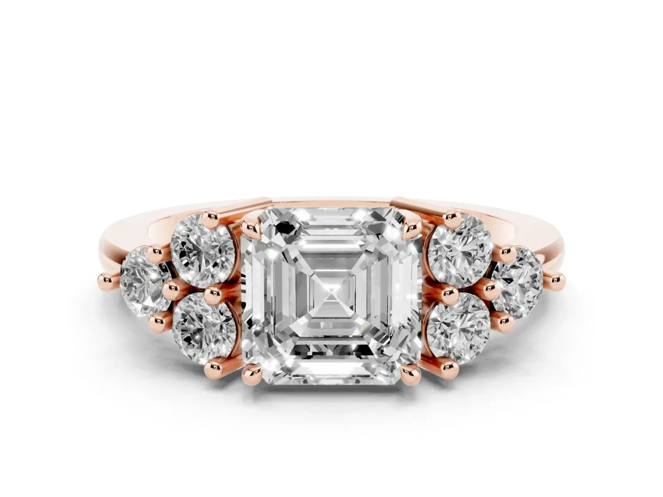 Asscher Cut Diamond Solitaire Ring Set in Rose gold with Cluster Accents on Each Side
