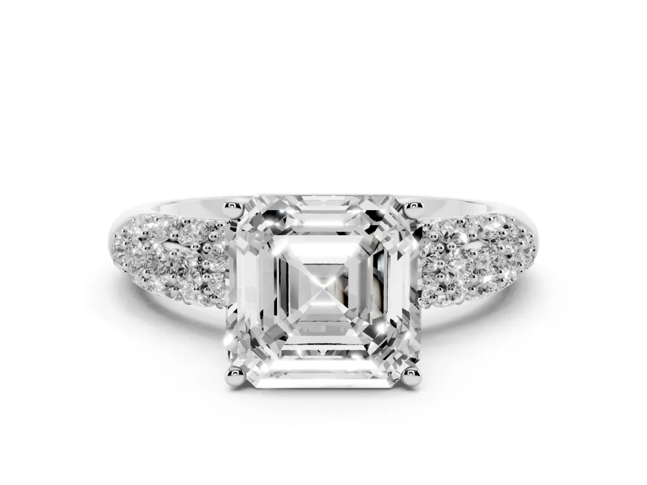 Asscher Cut Multi Row Pave Solitaire Engagement Ring Setting | Domed Shoulders | Sterling Silver
