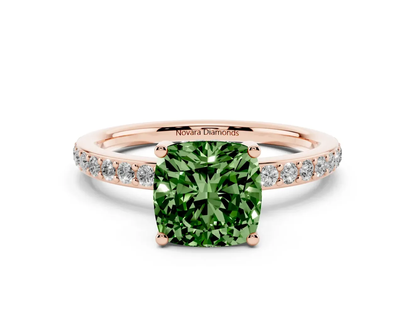 Fancy Green Cushion Cut Diamond Pavé Band Ring Set in Rose gold with Prong-Set Center Stone