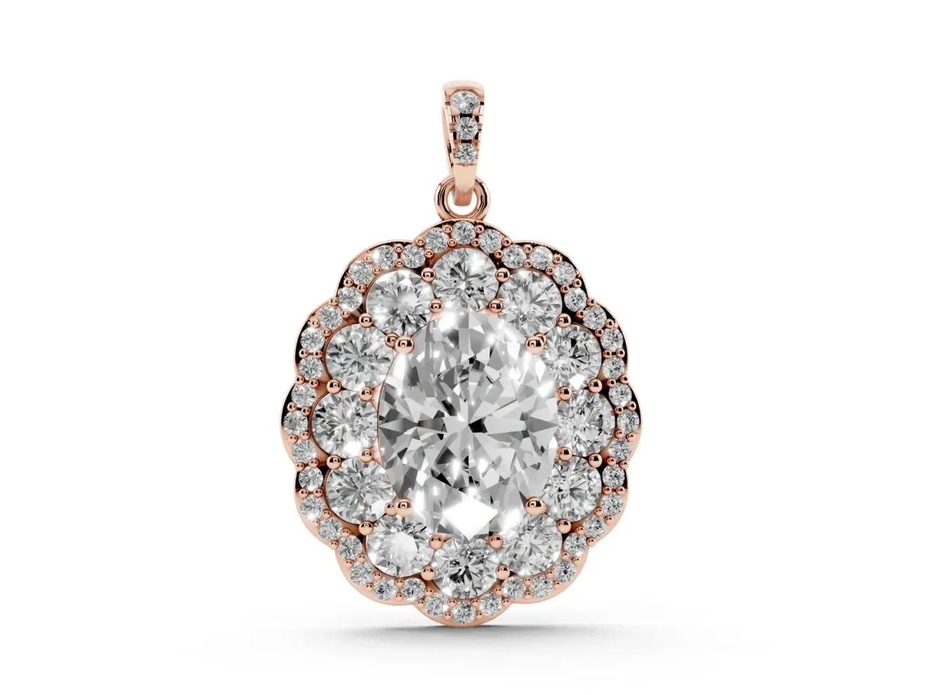 Oval Lab-Grown Diamond Floral Double Halo Pendant Necklace | Pavé Bail | Rose Gold