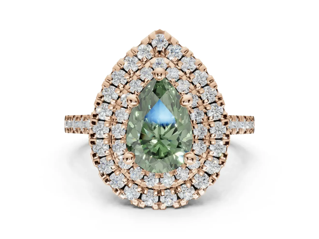 Fancy Green Pear-Shaped Lab-Grown Diamond Double Halo Statement Ring Set in Rose Gold with Pavé Band