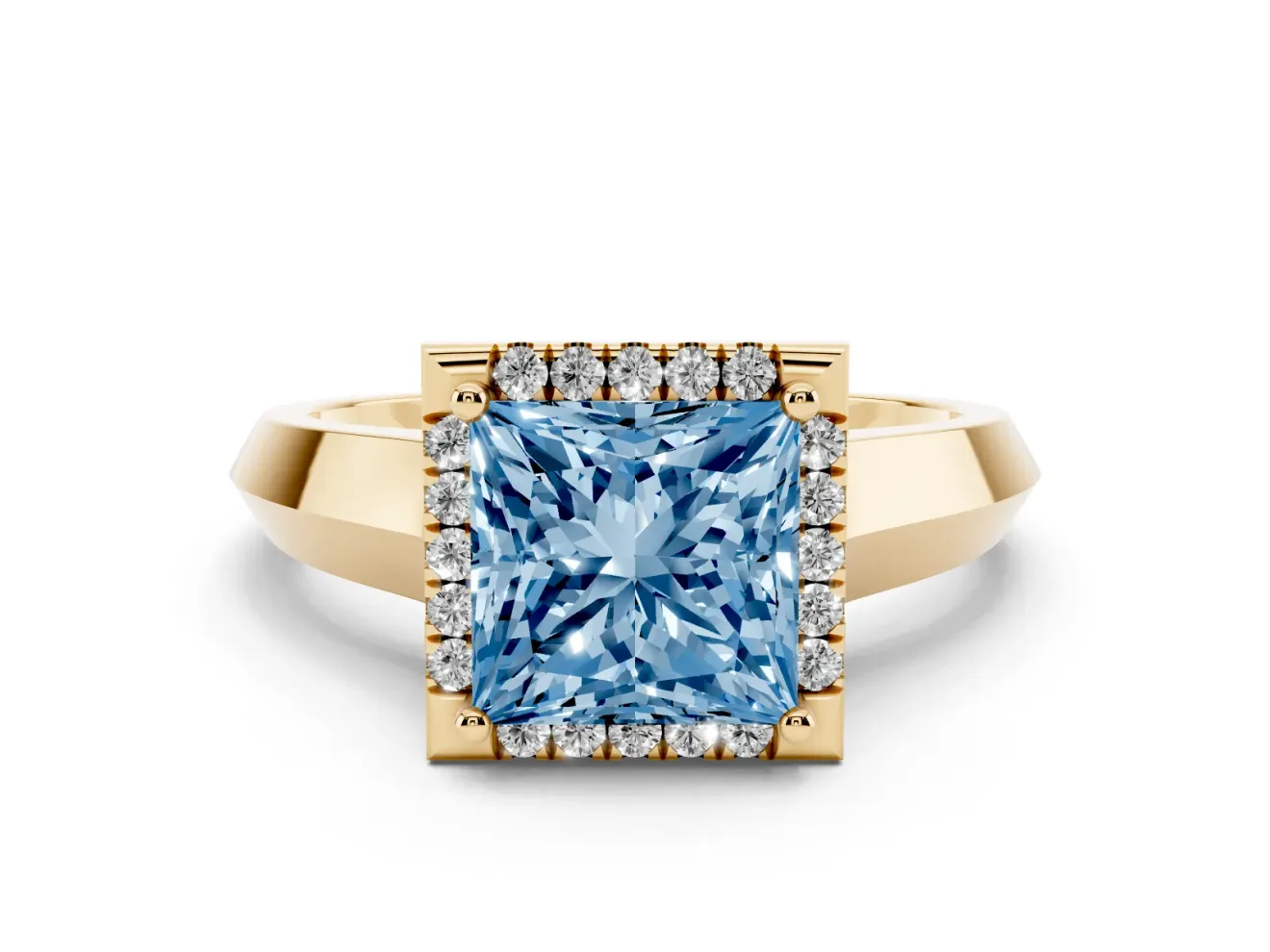 Fancy Blue Princess Cut Diamond Halo Ring Set in Yellow gold with Cathedral Band and Prong Setting