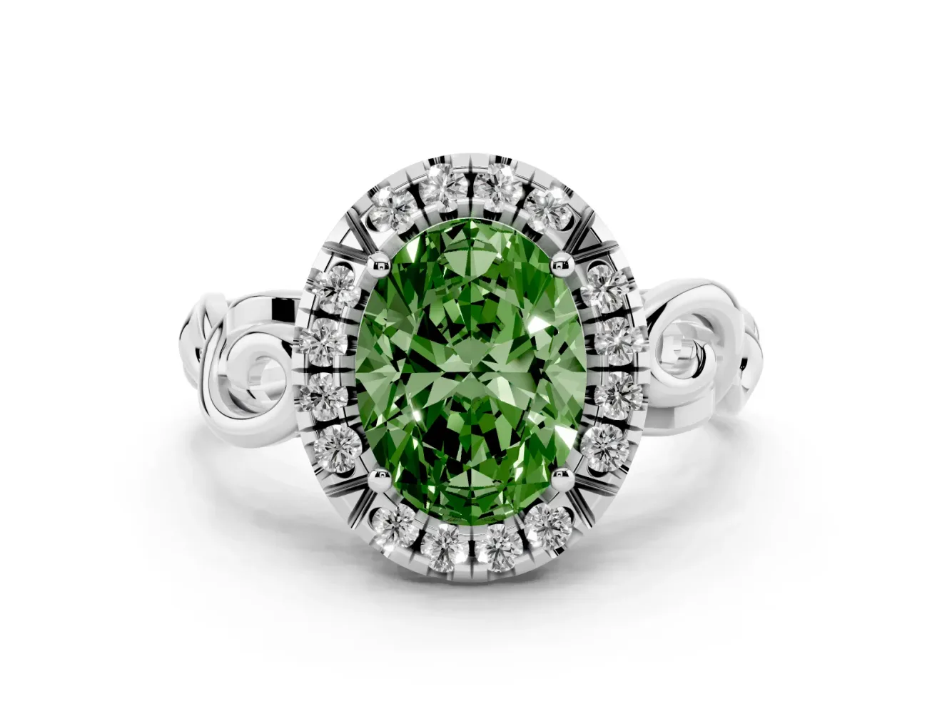 Fancy Green Oval Cut Diamond Halo Ring Set in Platinum with Scrollwork Band and Prong Setting