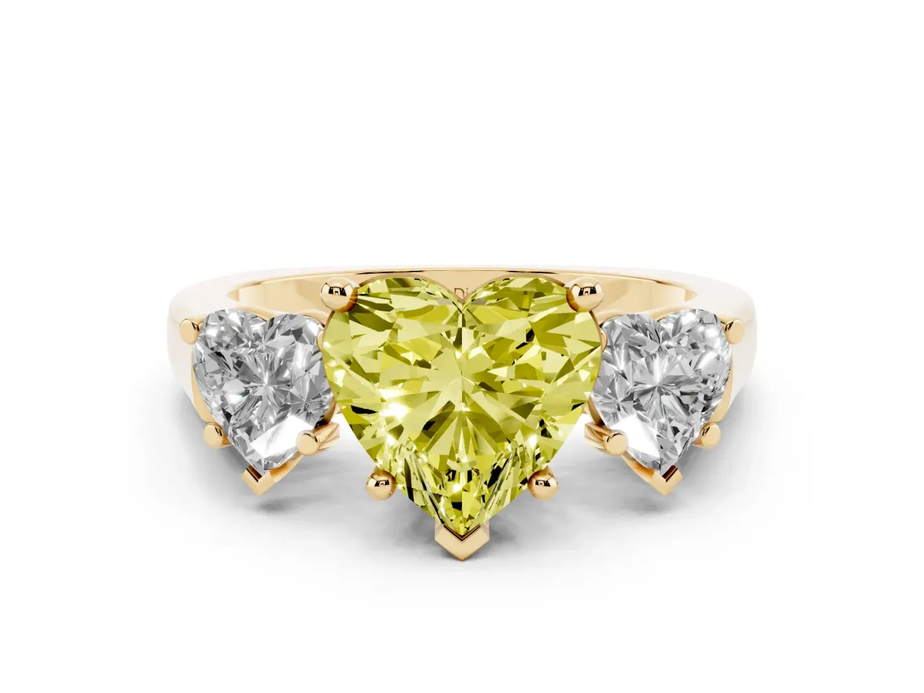Heart-Shaped Three Stone Engagement Ring Setting for a Fancy Yellow Lab-Grown Diamond | Plain Squared Band | Yellow Gold