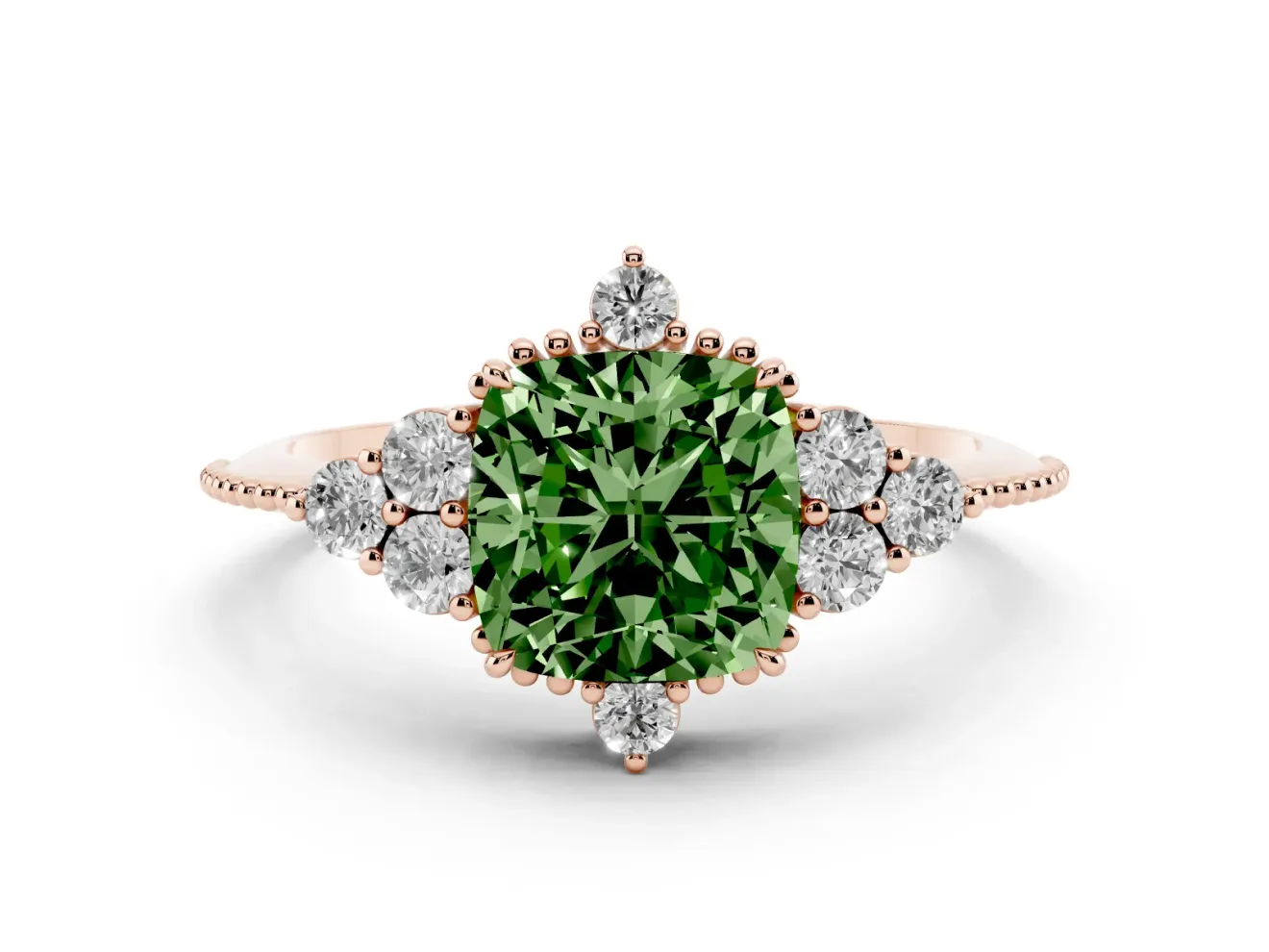 Cushion Cut Cluster Engagement Ring Setting for a Fancy Green Lab-Grown Diamond | Rose Gold