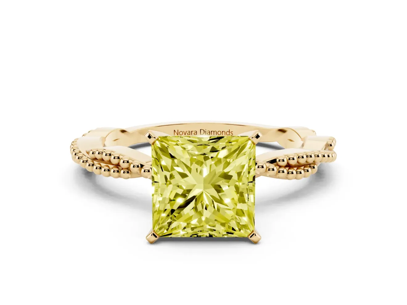 Princess Cut Twisted Engagement Ring Setting for a Fancy Yellow Lab-Grown Diamond | Beaded Twist | Yellow Gold