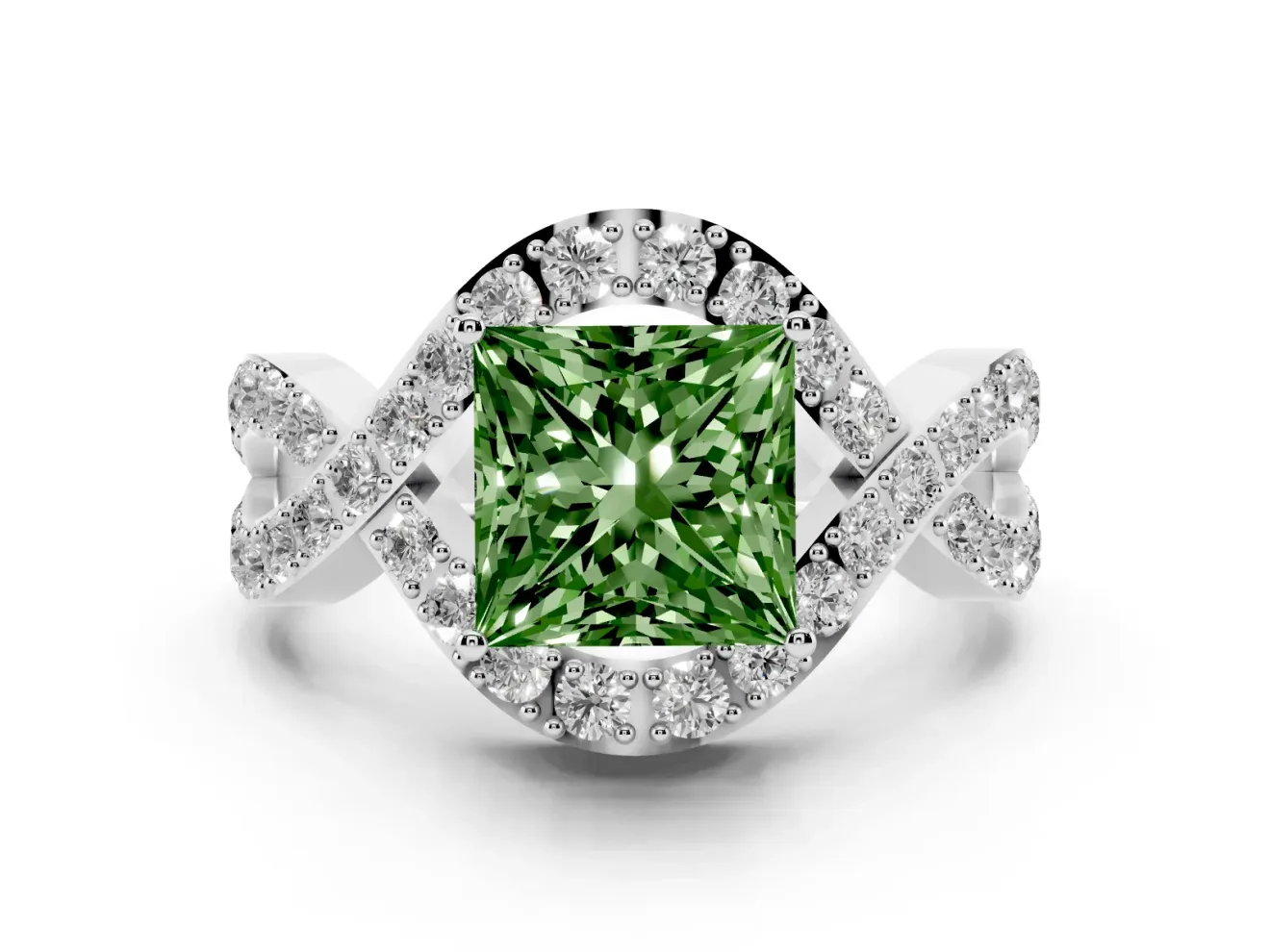 Fancy Green Princess Cut Diamond Solitaire Twist Band Pavé Engagement Ring Set in White gold