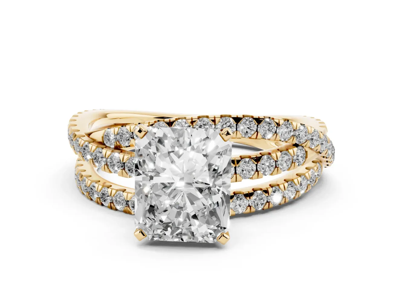 Radiant Cut Diamond Solitaire Twist Band Ring Set in Yellow gold with Pavé Setting and Prong Head