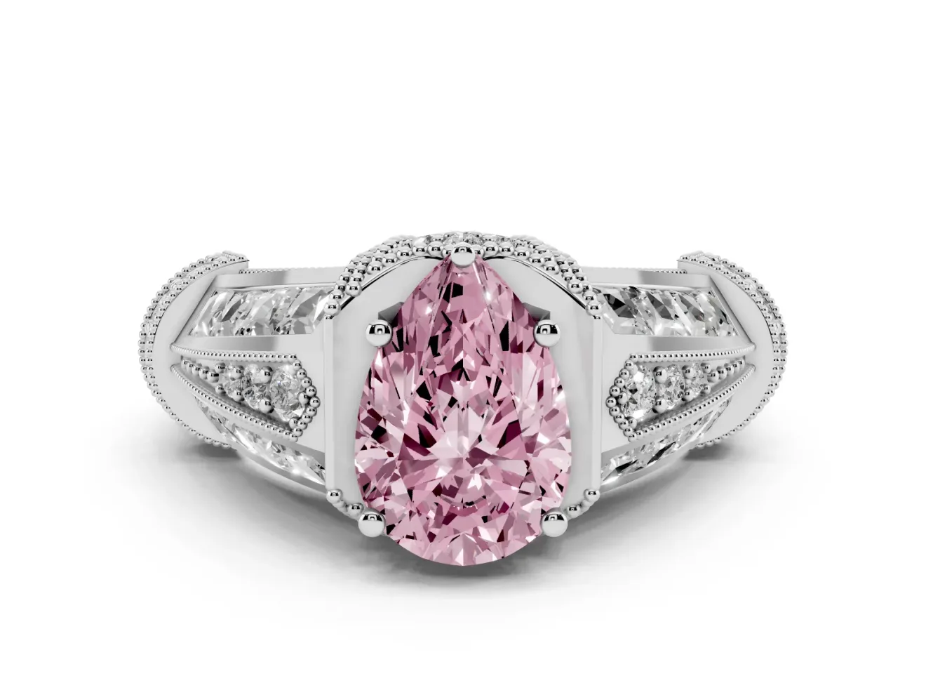 Fancy Pink Pear Cut Diamond Vintage-Inspired Milgrain Ring Set in Platinum with Accent Split Shank