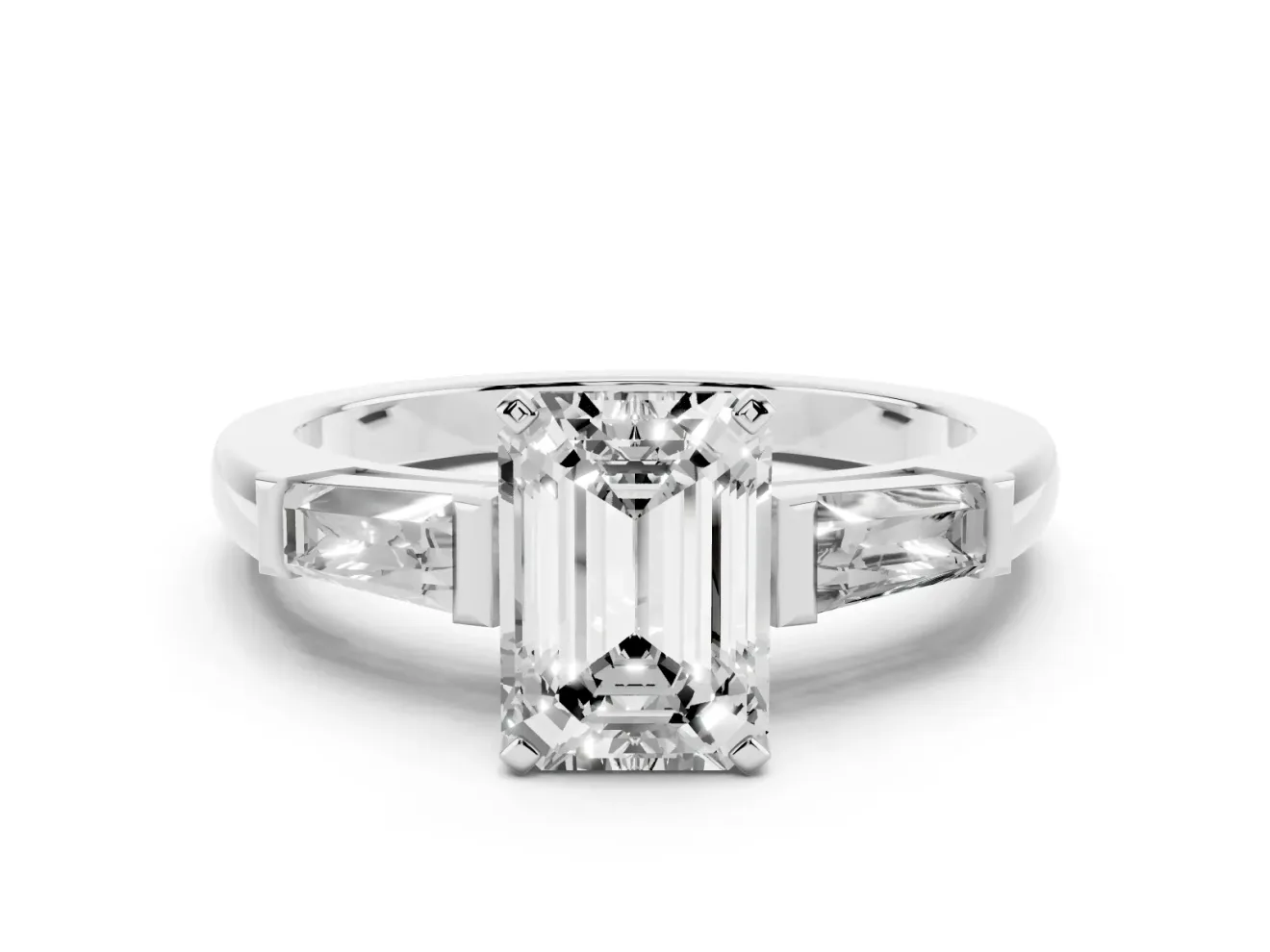 Emerald Cut Diamond Solitaire Ring Set in Silver with Tapered Baguette Side Stones and Prong Setting