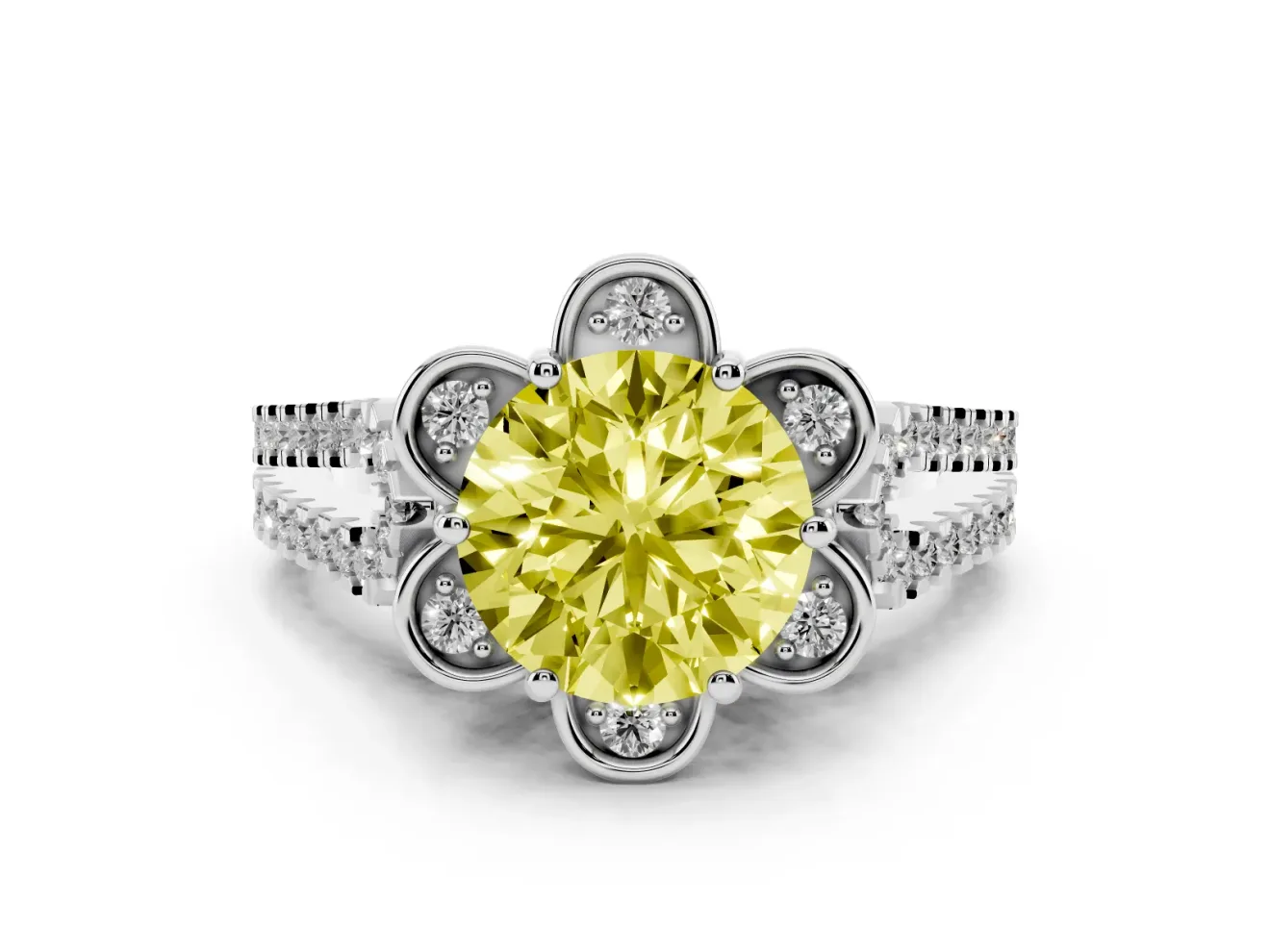 Round Petal Frame Floral Halo Engagement Ring Setting for a Fancy Yellow Lab-Grown Diamond | Pavé Split Shank | Platinum