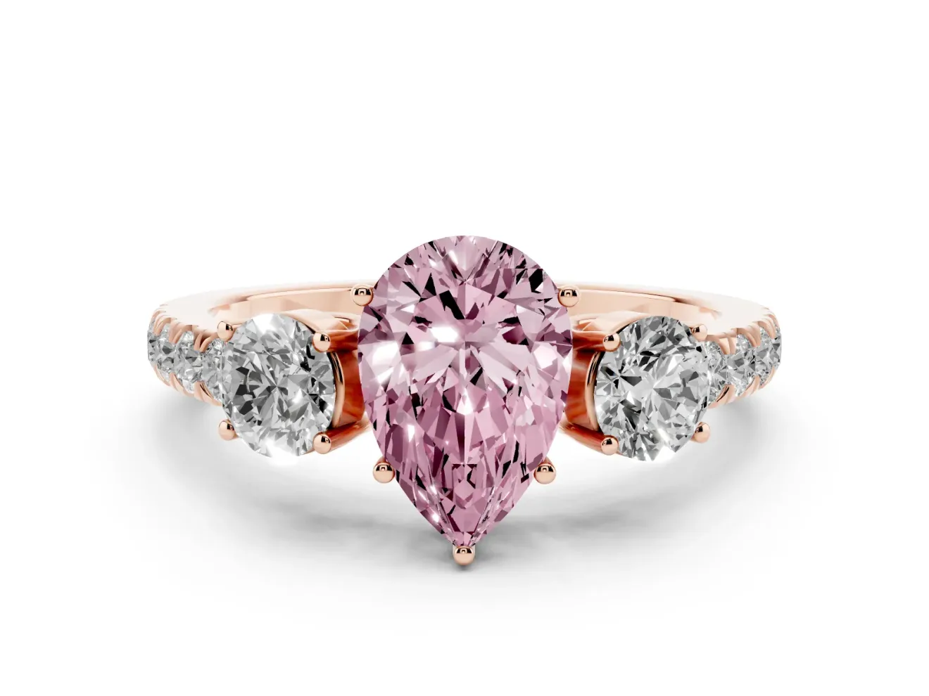Pear-Shaped Engagement Ring Setting for a Fancy Pink Lab-Grown Diamond | Three Stone | Rose Gold