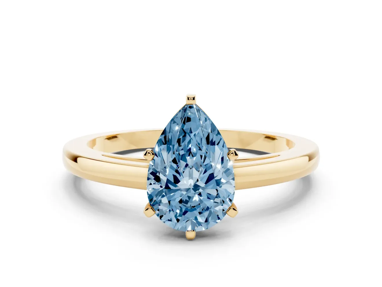 Fancy Blue Pear Cut Diamond Solitaire Engagement Ring Set in Yellow gold with Prong Setting on a Classic Band