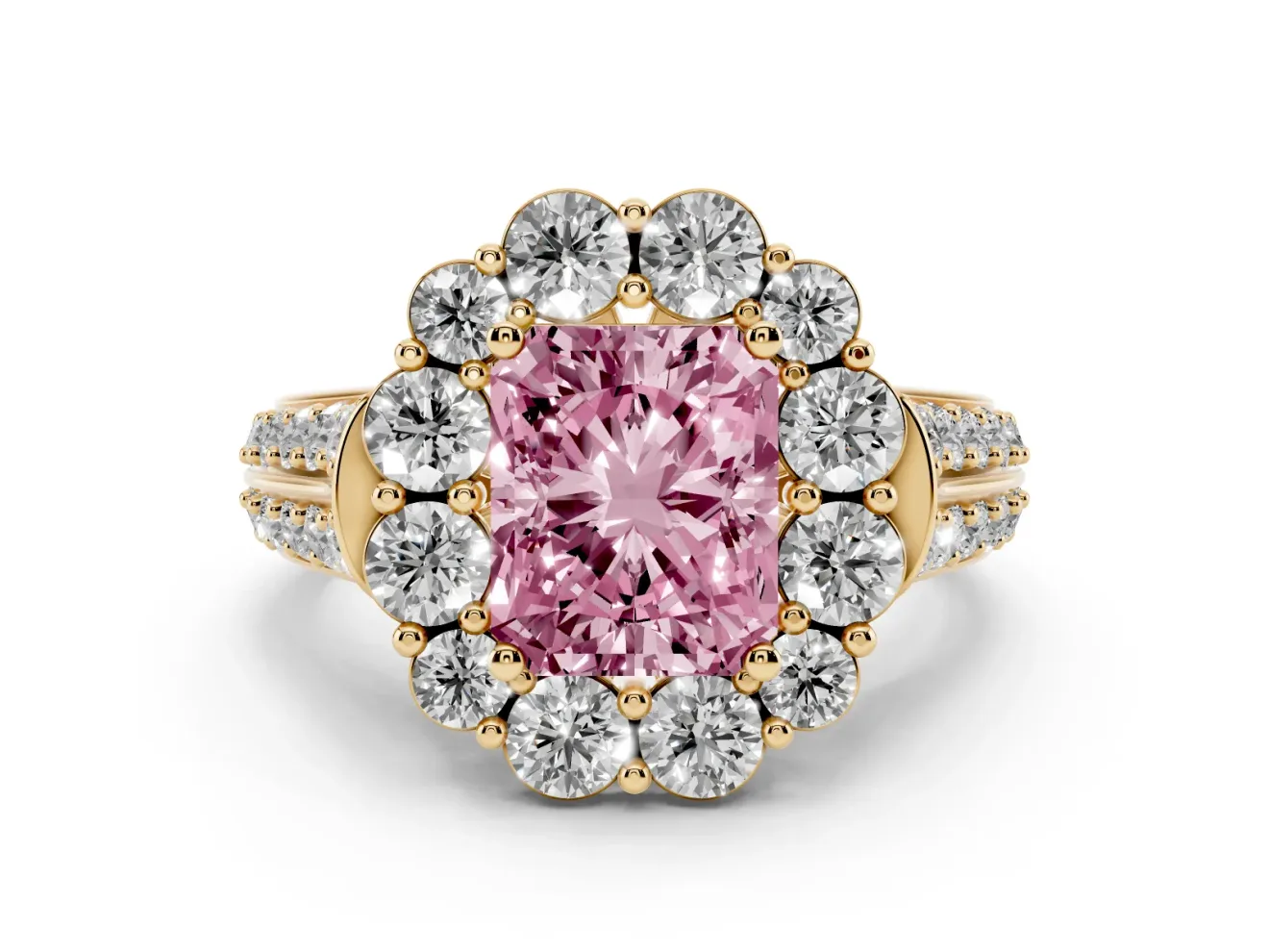 Fancy Pink Radiant Cut Diamond Halo Engagement Ring Set in Yellow gold with Split Shank and Prong Setting