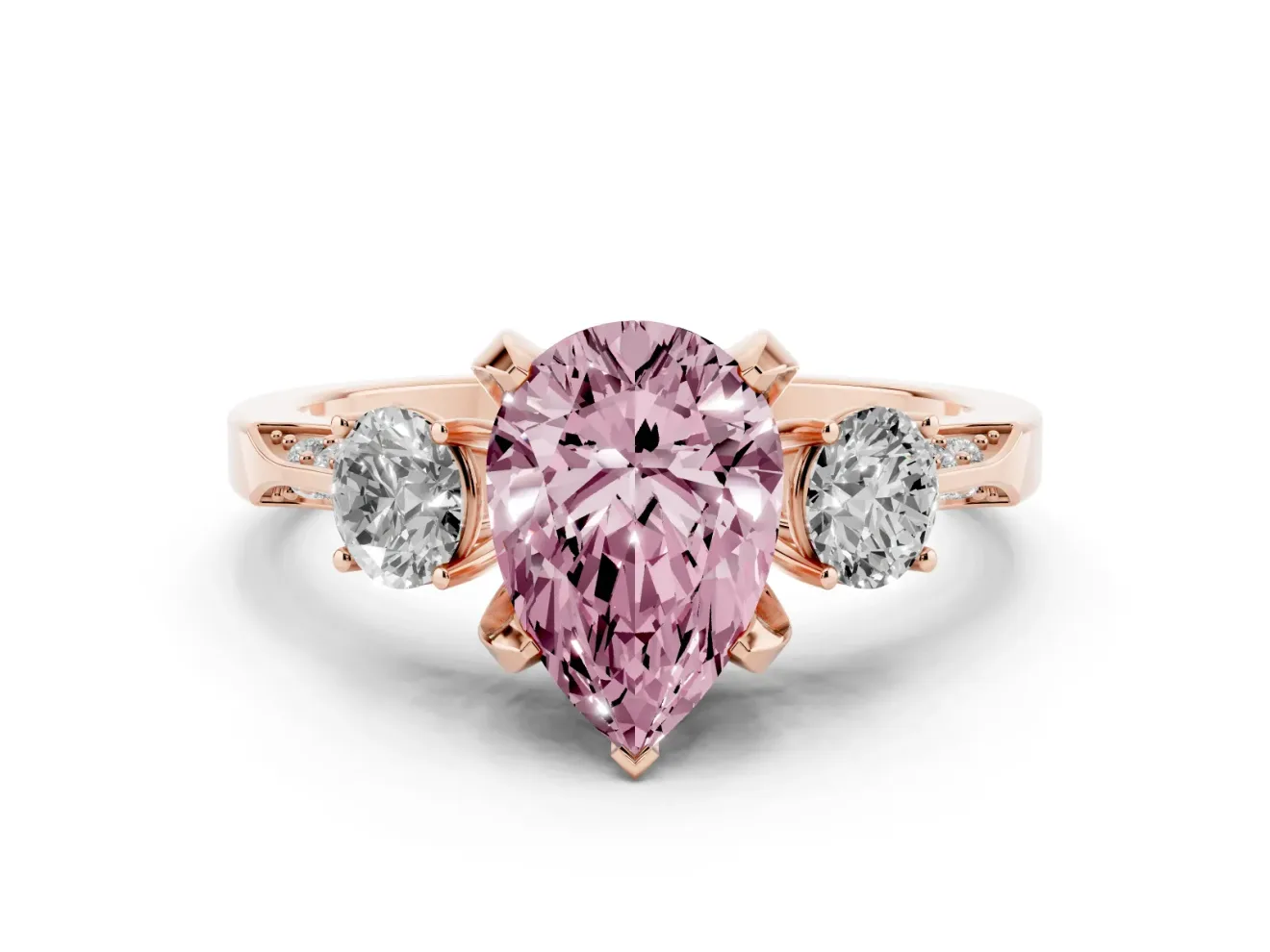 Pear-Shaped Hidden Halo Three Stone Engagement Ring Setting for a Fancy Pink Lab-Grown Diamond | Rose Gold