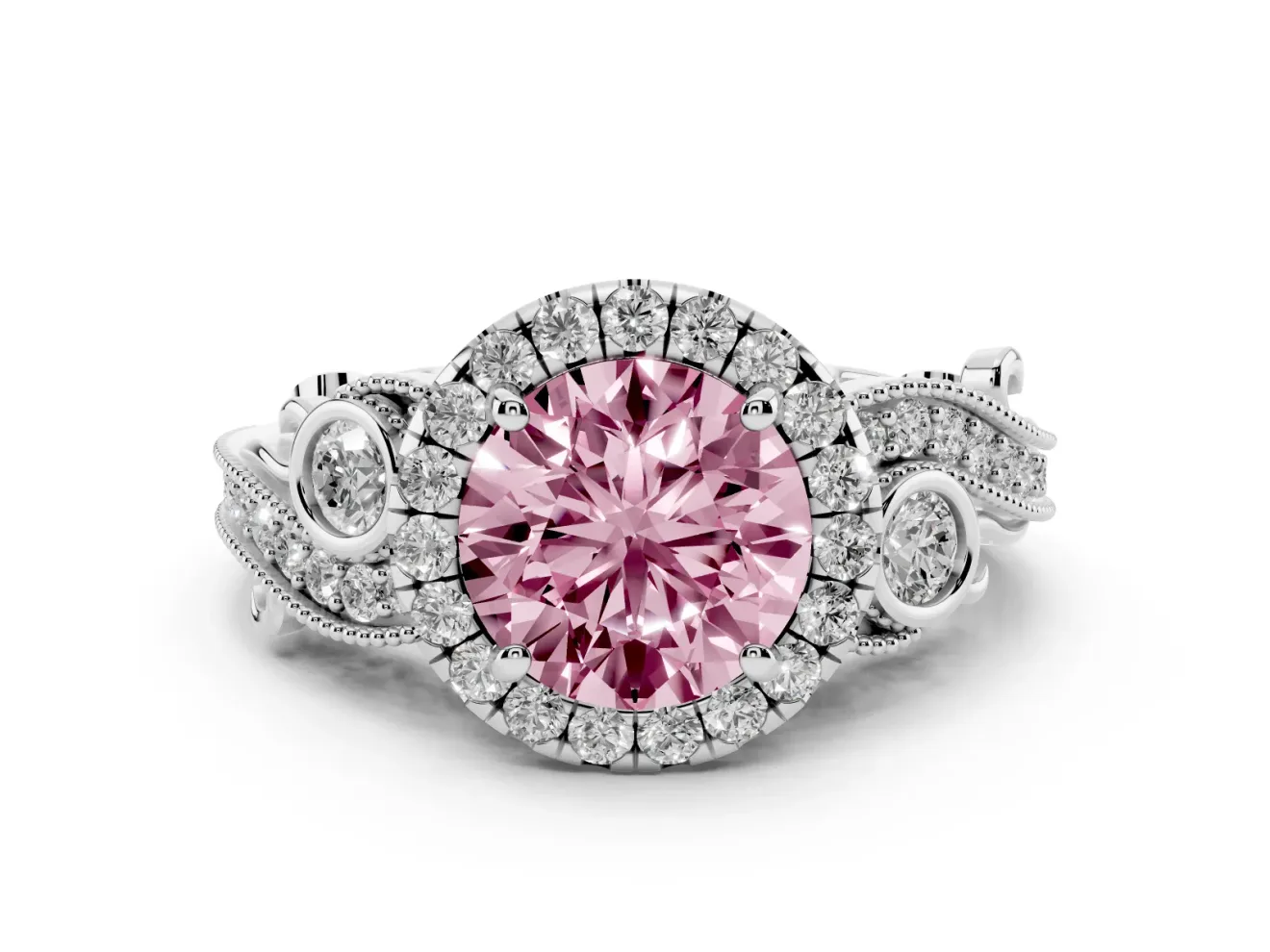 Round Vintage Halo Engagement Ring Setting for a Fancy Pink Lab-Grown Diamond | Bezel Shoulder Accents | Sterling Silver
