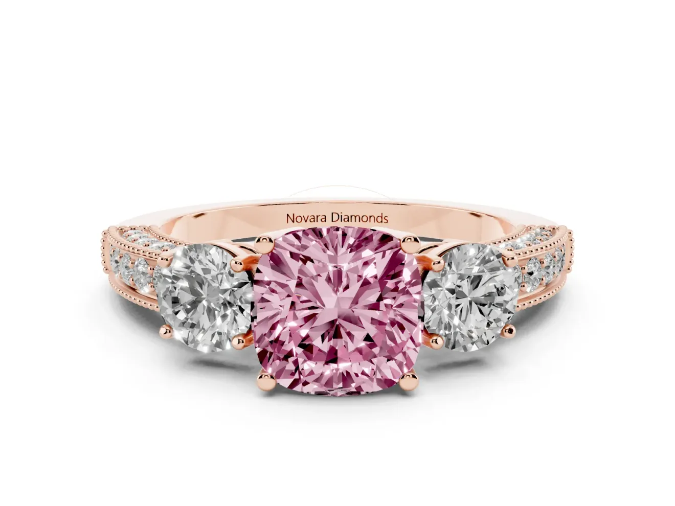Cushion Cut Three Stone Engagement Ring Setting for a Fancy Pink Lab-Grown Diamond | Graduated Pave Band | Rose Gold
