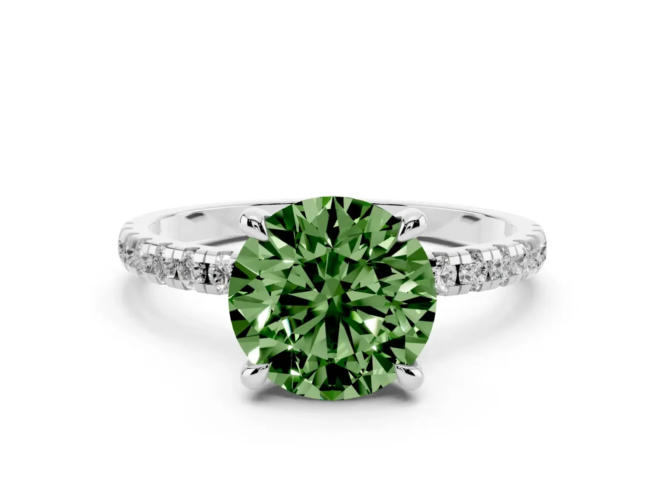 Fancy Green Round Cut Diamond Brilliant Solitaire Ring Set in Platinum with Pavé Band and Prong Setting