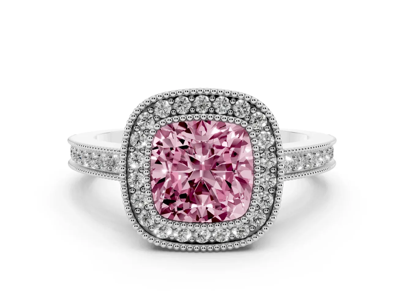 Fancy Pink Cushion Cut Diamond Halo Ring Set in White gold with Pavé Band and Milgrain-Edged Prongs