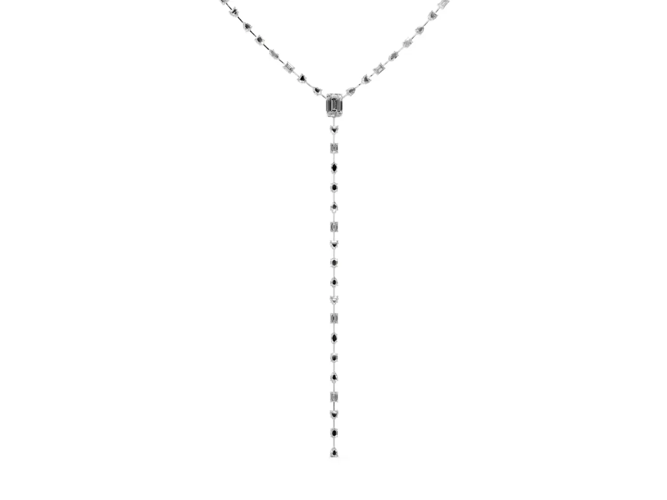 Mixed Shape Lab-Grown Diamond Station Lariat Necklace | Emerald Cut Focal Stone | White Gold
