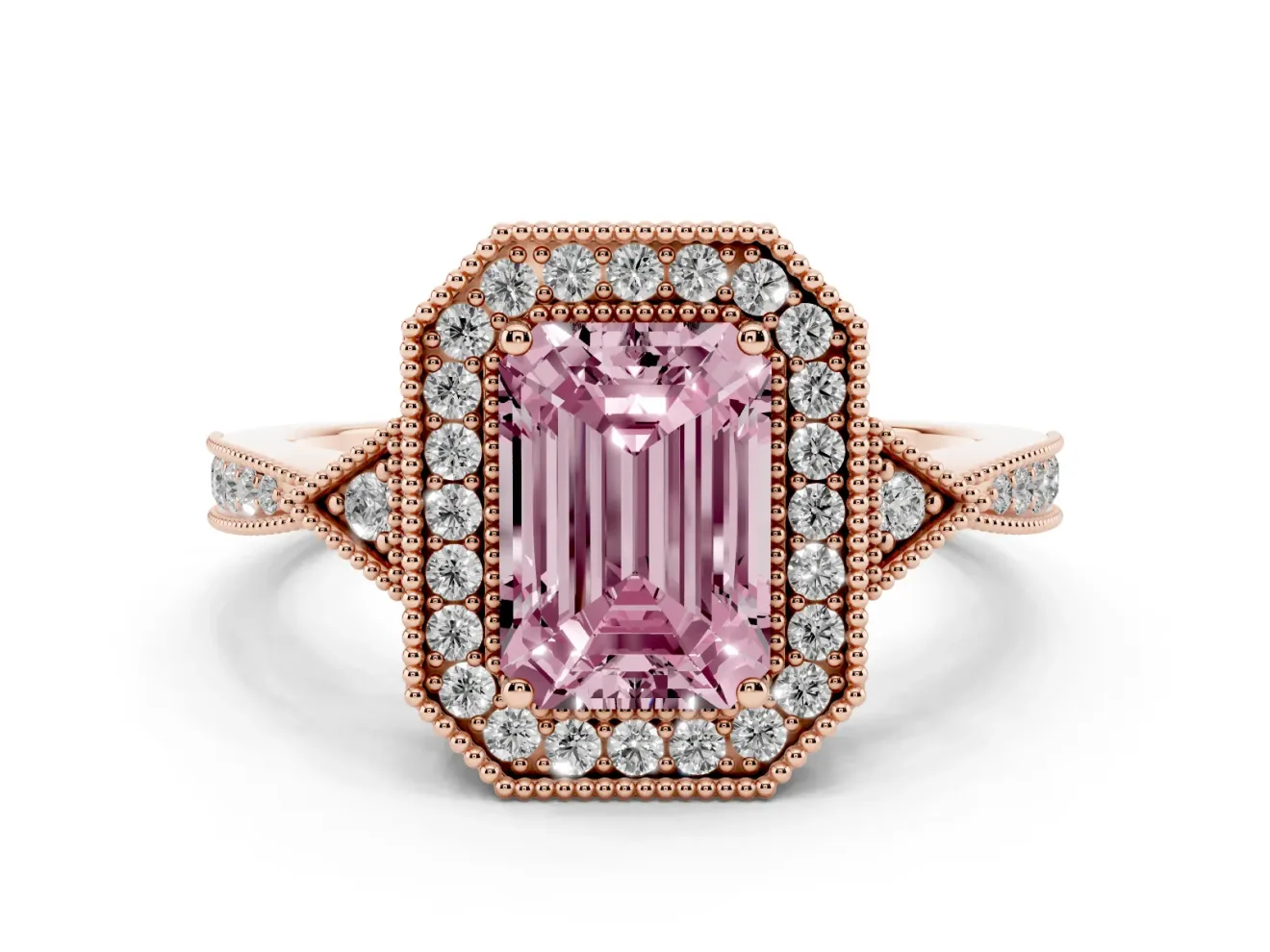 Fancy Pink Emerald Cut Diamond Halo Engagement Ring Set in Rose gold with Milgrain Pavé Band