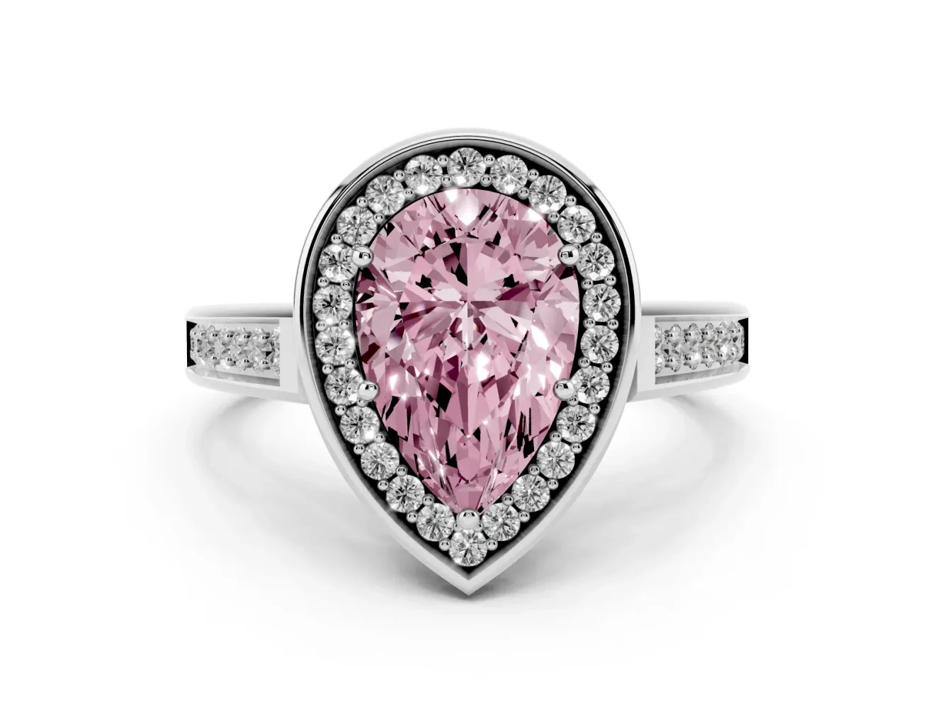 Fancy Pink Pear Cut Diamond Halo Solitaire Ring Set in Silver with Pavé Band and Bezel Setting