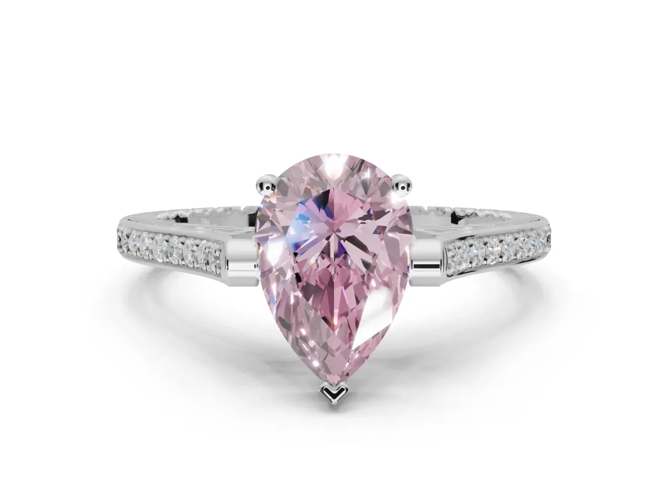 Pear-Shaped Vintage Cathedral Engagement Ring Setting for a Fancy Pink Lab-Grown Diamond | Carved Band | Sterling Silver