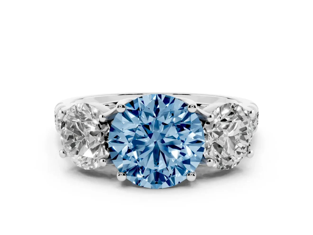 Round Three Stone Engagement Ring Setting for a Fancy Blue Lab-Grown Diamond | Accented Shoulders | Platinum