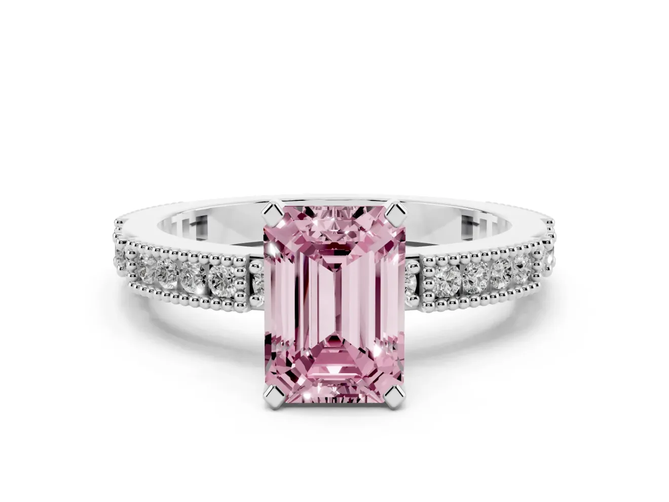 Fancy Pink Emerald Cut Diamond Solitaire Ring Set in Silver with Slim Pavé Band and Prong Setting