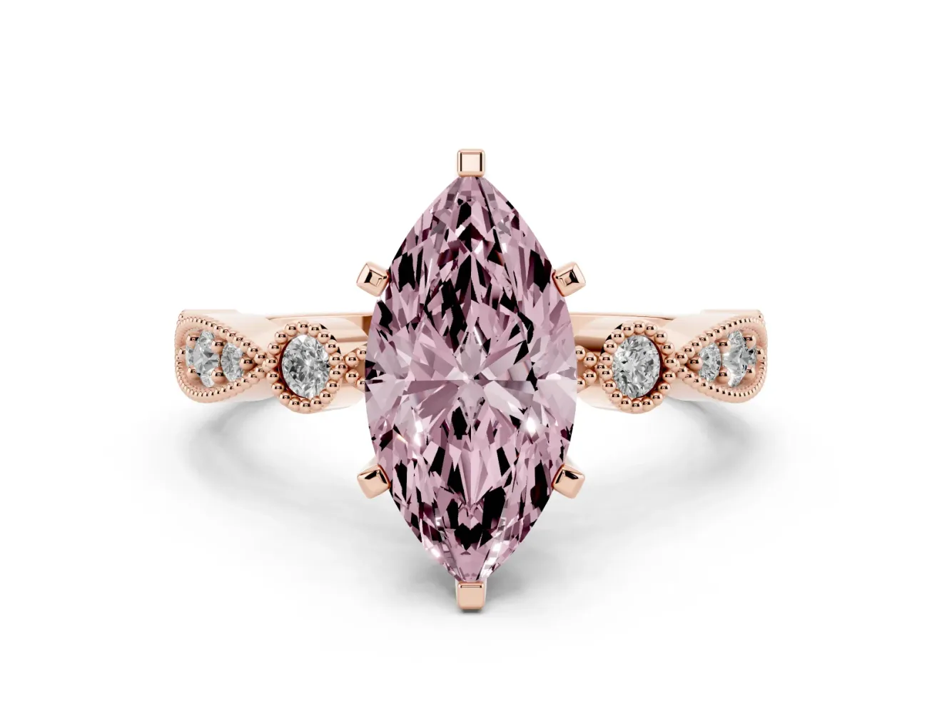 Fancy Pink Marquise Cut Diamond Solitaire Engagement Ring Set in Rose gold with Milgrain Bezel Accent Band