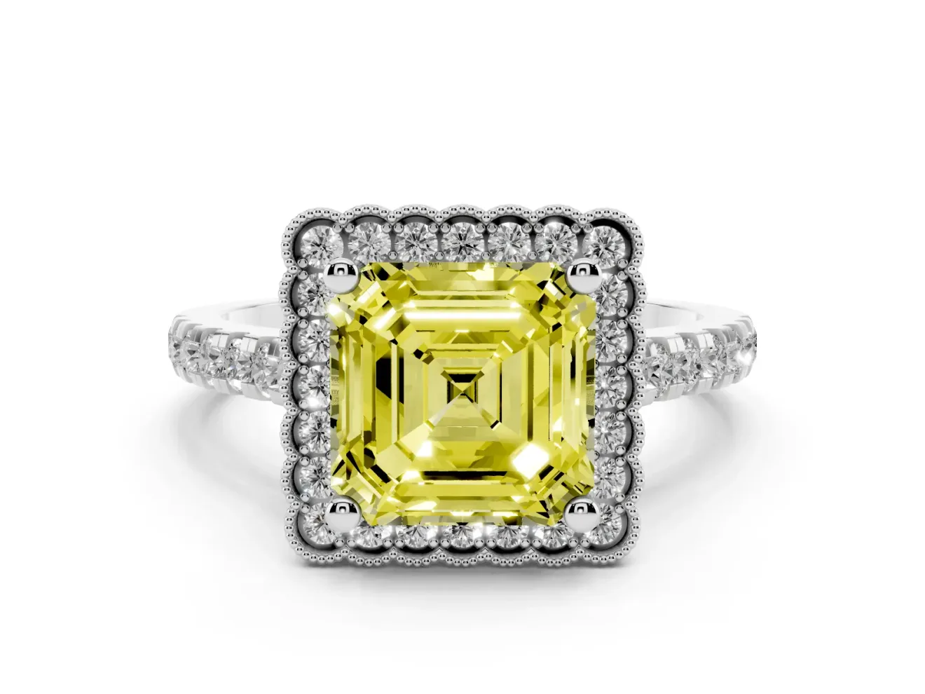Fancy Yellow Asscher Cut Diamond Milgrain Floral Halo Engagement Ring Set in White gold with Pavé Band