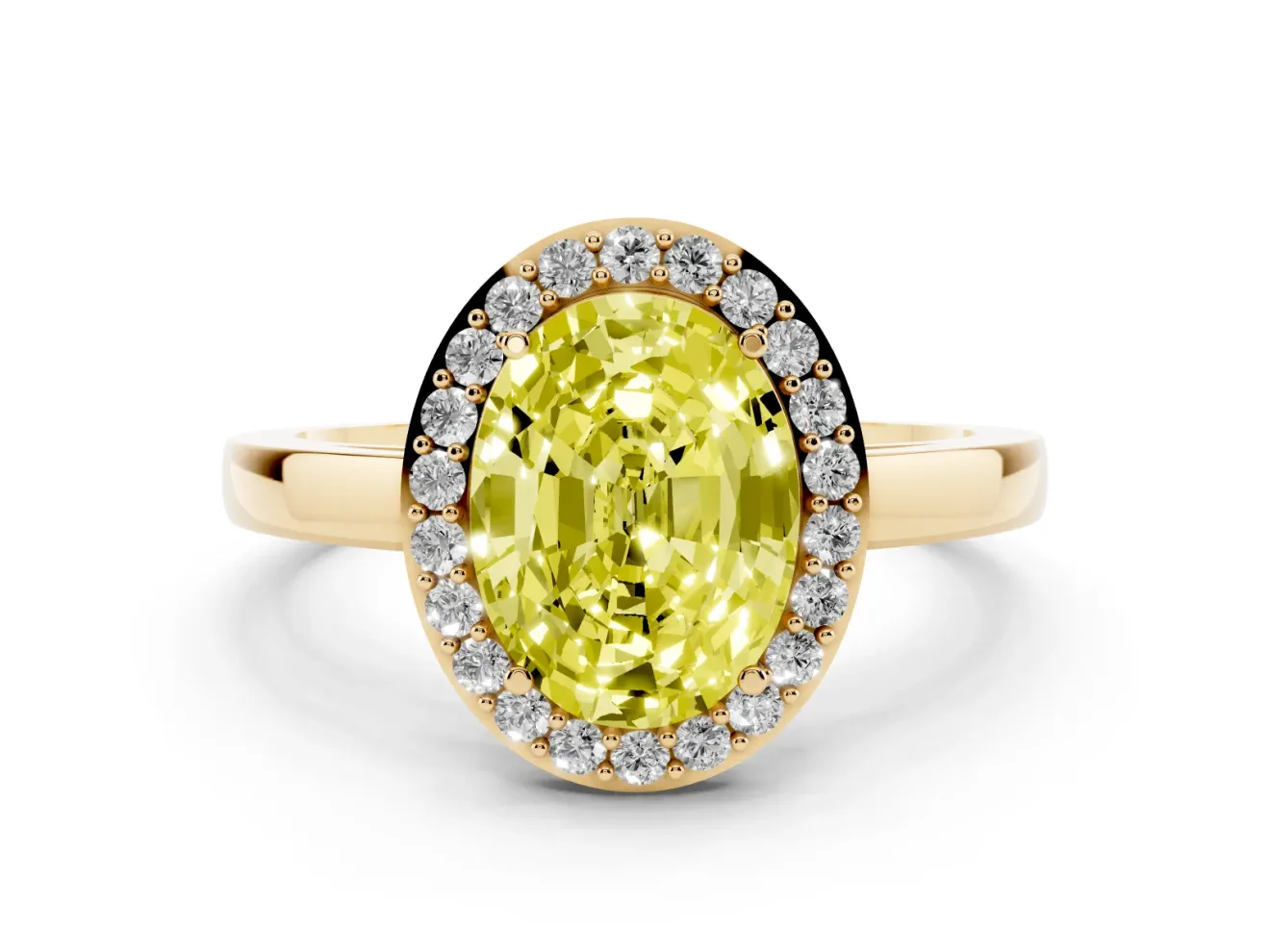 Fancy Yellow Oval Cut Diamond Halo Ring Set in Yellow gold with Solitaire Band and Prong Setting