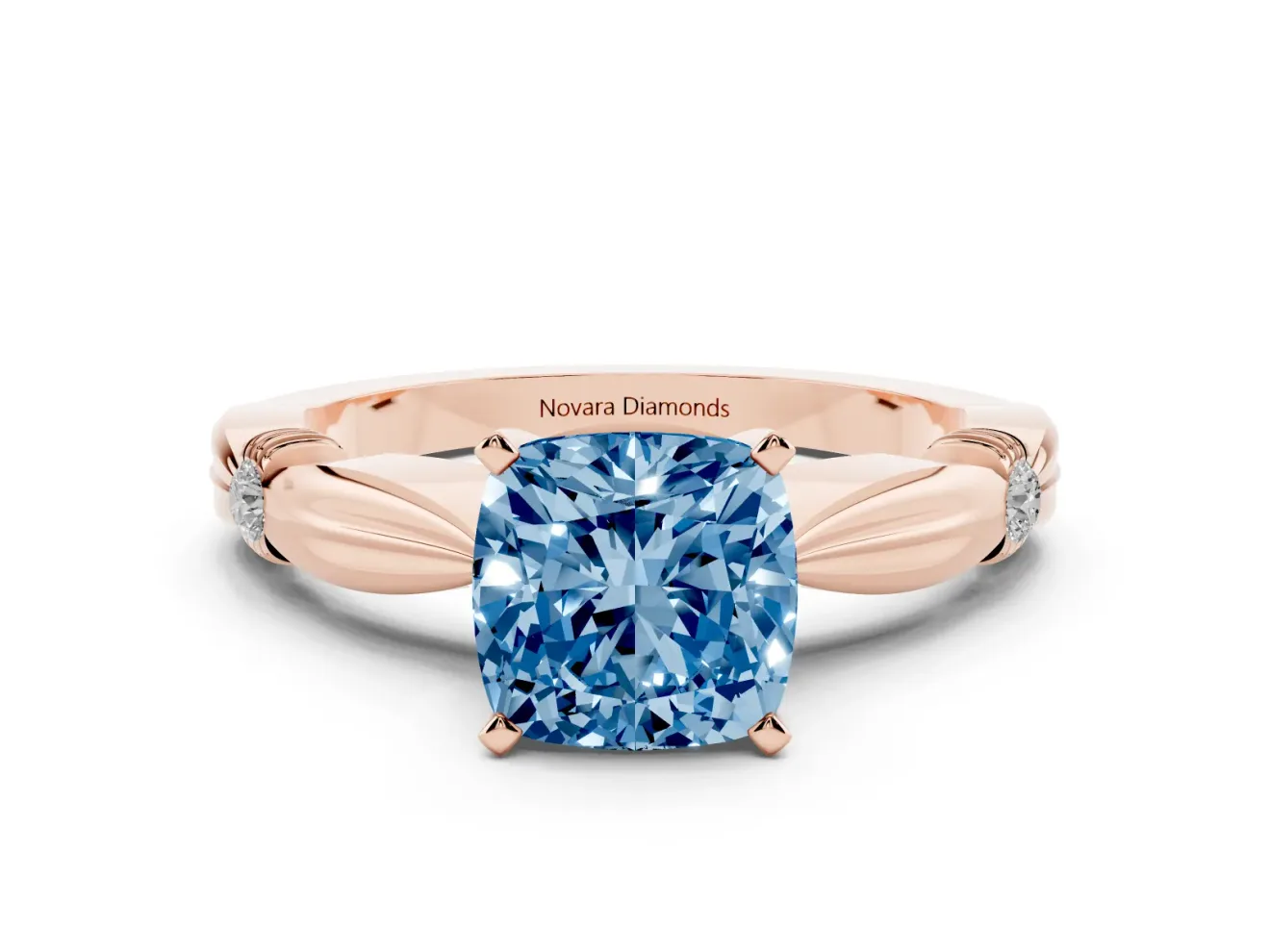 Fancy Blue Cushion Cut Diamond Solitaire Twisted Band Ring Set in Rose gold with Accent Stones and Prong Setting