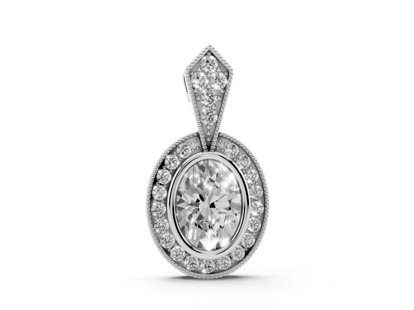 Oval Lab-Grown Diamond Bezel Pavé Halo Pendant Necklace | Milgrain Kite Bail | Sterling Silver