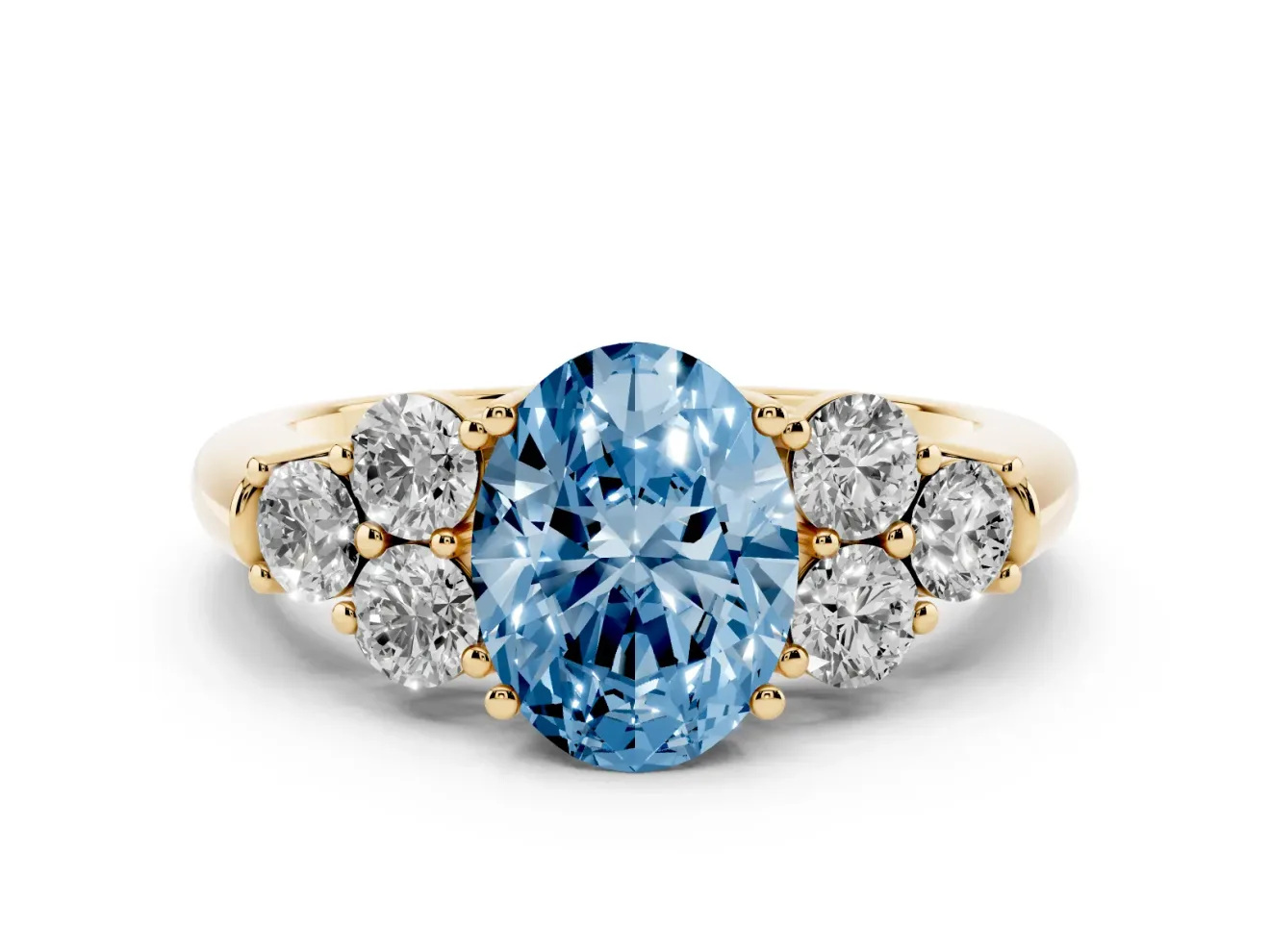 Oval Side Stone Engagement Ring Setting for a Fancy Blue Lab-Grown Diamond | Yellow Gold