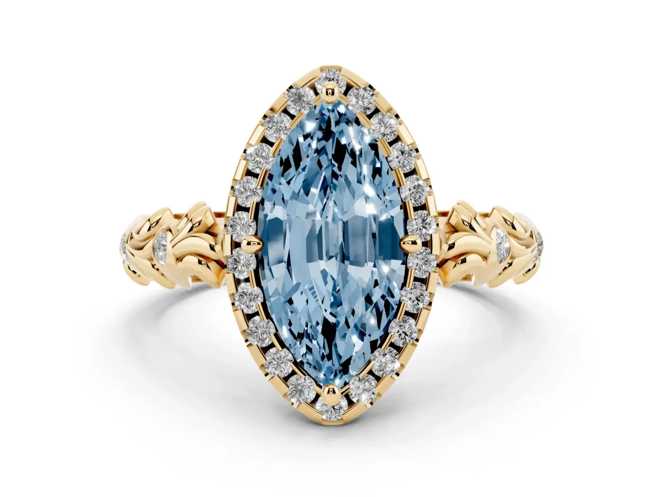 Marquise Leaf Halo Engagement Ring Setting for a Fancy Blue Lab-Grown Diamond | Yellow Gold