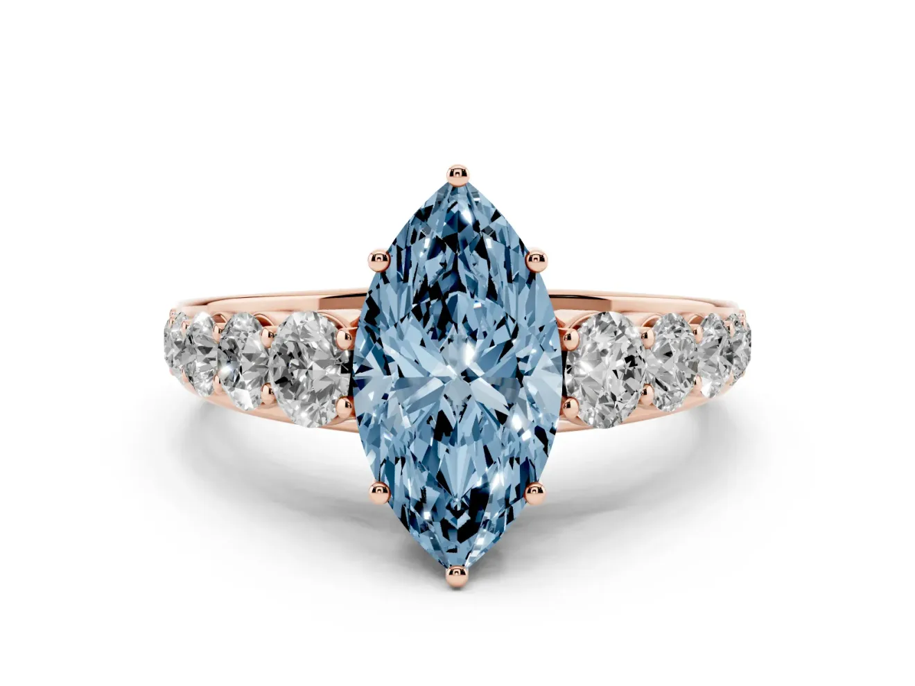Marquise Graduated Side Stone Engagement Ring Setting for a Fancy Blue Lab-Grown Diamond | Flat Top Band | Rose Gold