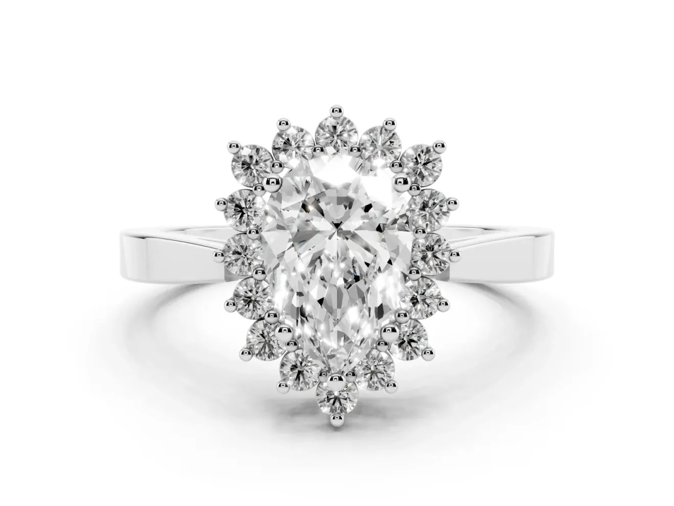 Pear Cut Diamond Halo Ring Set in Silver with Round Halo and Smooth Solitaire Band